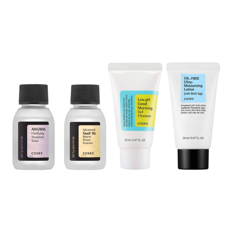 Cosrx18 Kit De Rutina Facial Coreana 4 Pasos | Gel Limpiador Ph Bajo, Tónico Aha/bha, Esencia De Baba De Caracol Y Loción Hidratante Sin Aceite | Limpieza, Hidratación Y Reparación De Piel